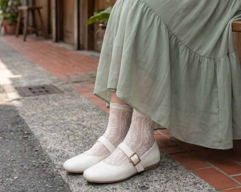 瑪莉珍鞋約會精緻穿搭，愛麗絲真皮瑪莉珍鞋搭配透膚蕾絲襪，展現滿滿仙女氣質，可調節繫帶設計穩固貼合不掉跟。