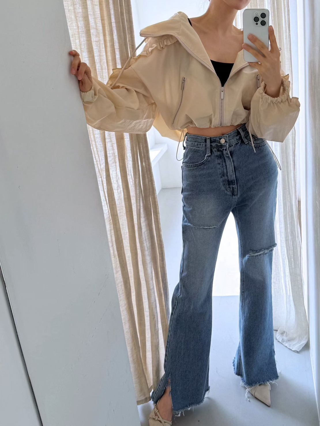 層次破洞牛仔喇叭長褲