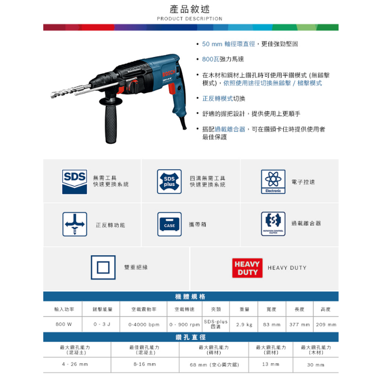 BOSCH 博世 四溝二用電鎚鑽 GBH 2-26 RE 0611251705