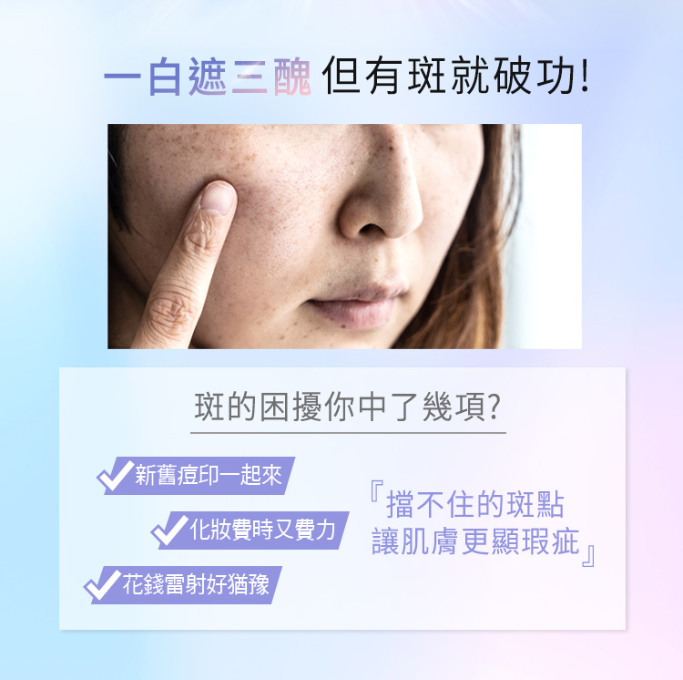 主題：一白遮三醜，但有斑就破功！  斑的困擾情境：  新舊痘印一起來。  化妝費時又費力。  花錢雷射好猶豫。  肌膚痛點：擋不住的斑點讓肌膚更顯瑕疵。
