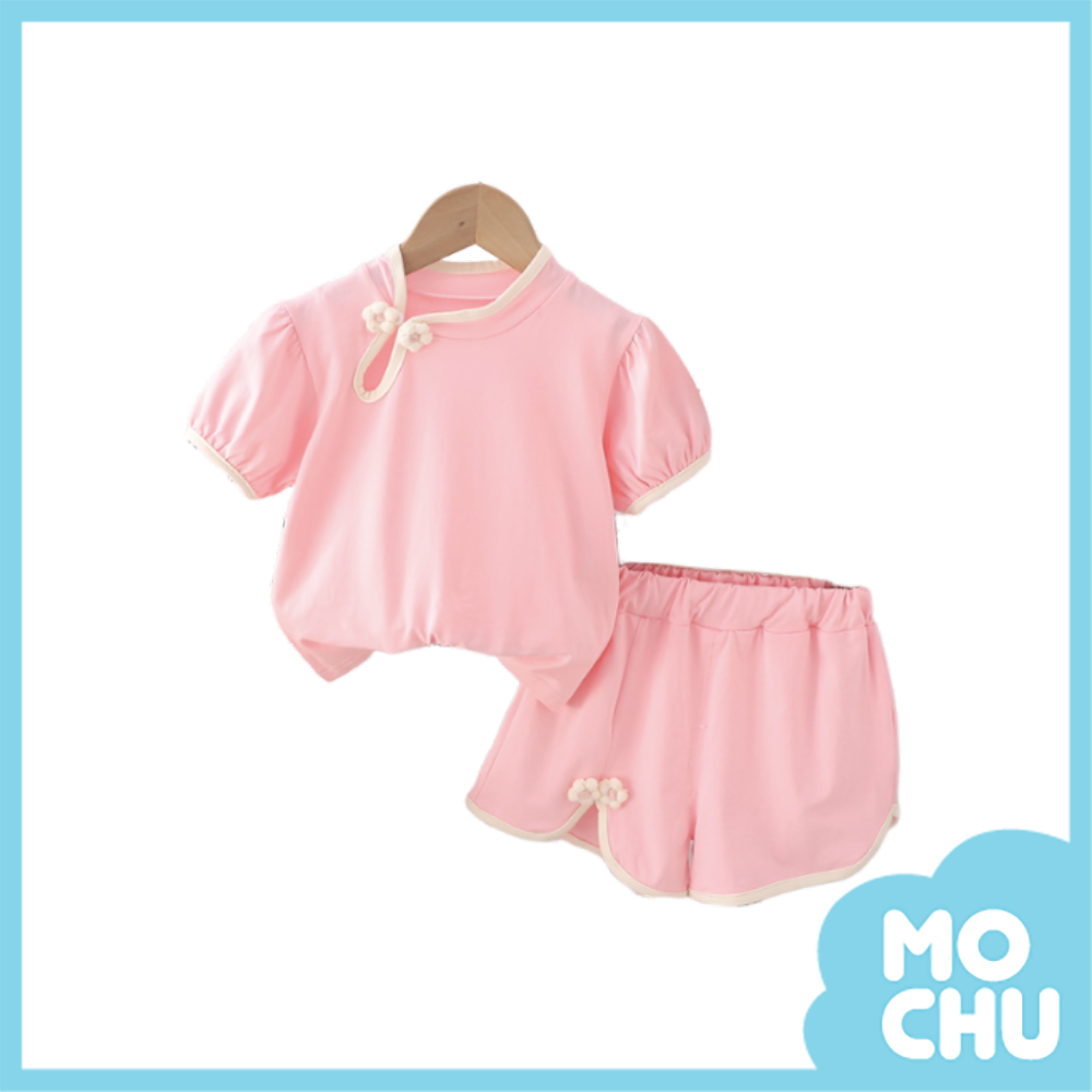 花朵斜開釦短袖套裝(三色)