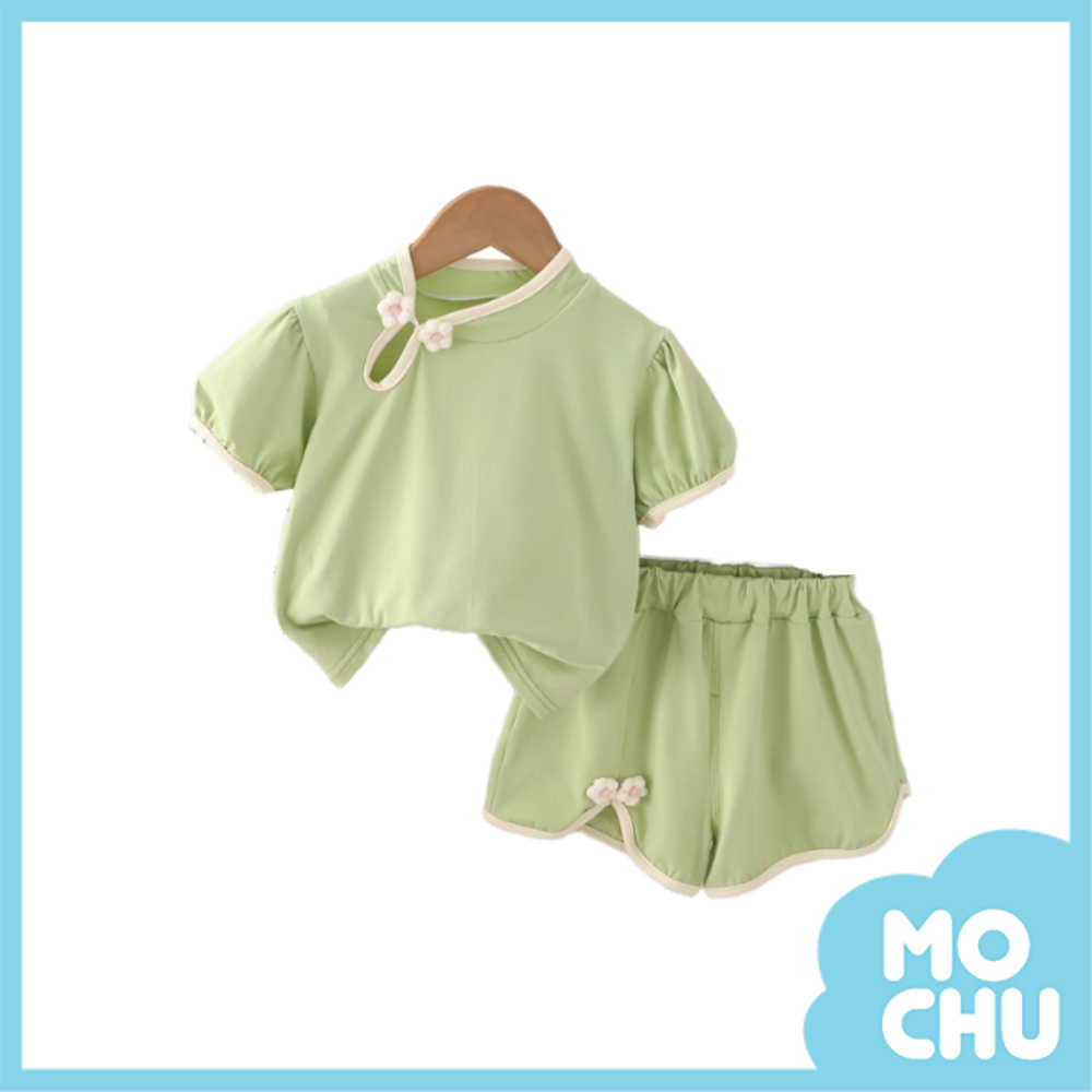 花朵斜開釦短袖套裝(三色)