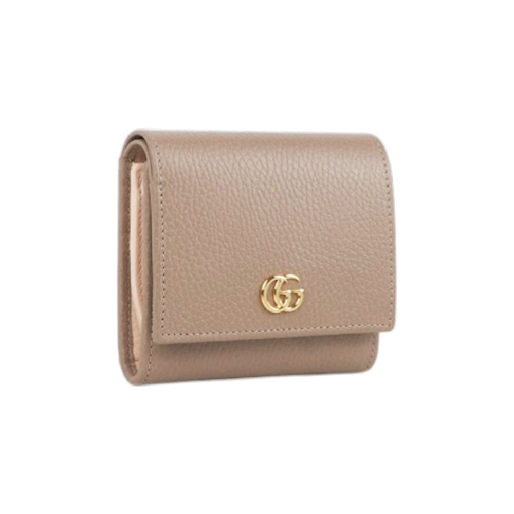 【GUCCI】GG Marmont 皮革中型二折短夾(米灰/淺粉)