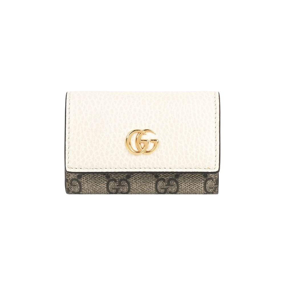 【GUCCI】GG Marmont 帆布拼皮革鑰匙包(白色/烏木色)