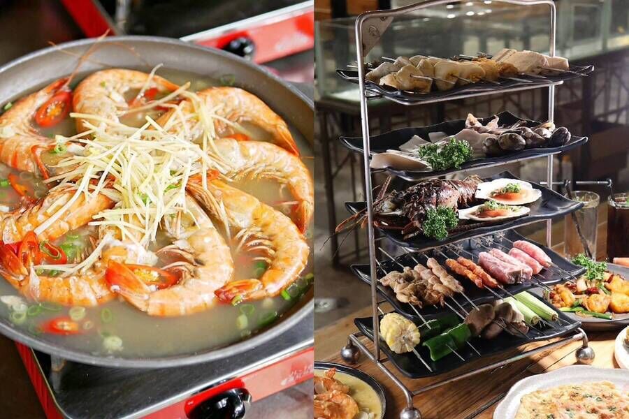 鮮蝦薑絲湯在小火鍋中滾煮，旁邊擺放多層海鮮燒烤架，包含龍蝦、蛤蜊、串燒與各式海鮮食材，呈現豐盛海陸饗宴場景。