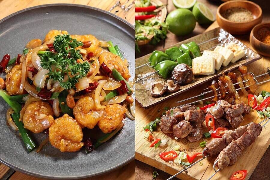 宮保蝦球與綜合串燒組合，包含烤青椒、香菇、豆腐及各式肉串