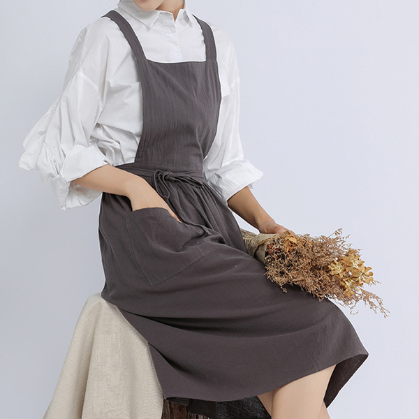 純色日系棉麻長版圍裙