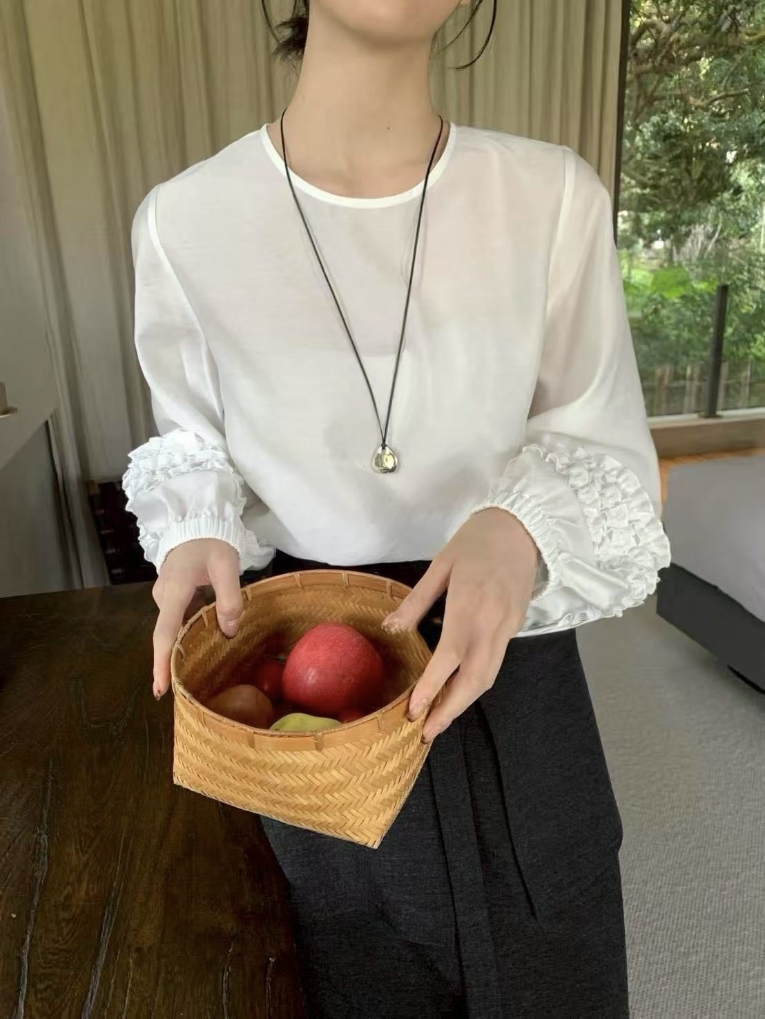 819 手袖木耳邊拼接設計襯衫