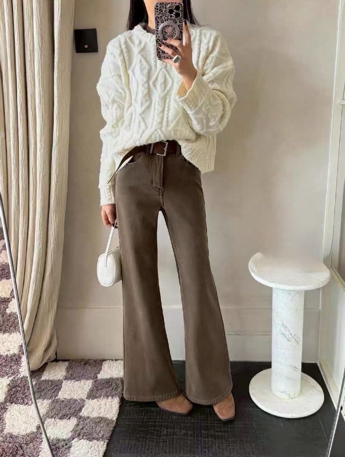 9638 復古微彈小喇叭咖色牛仔褲