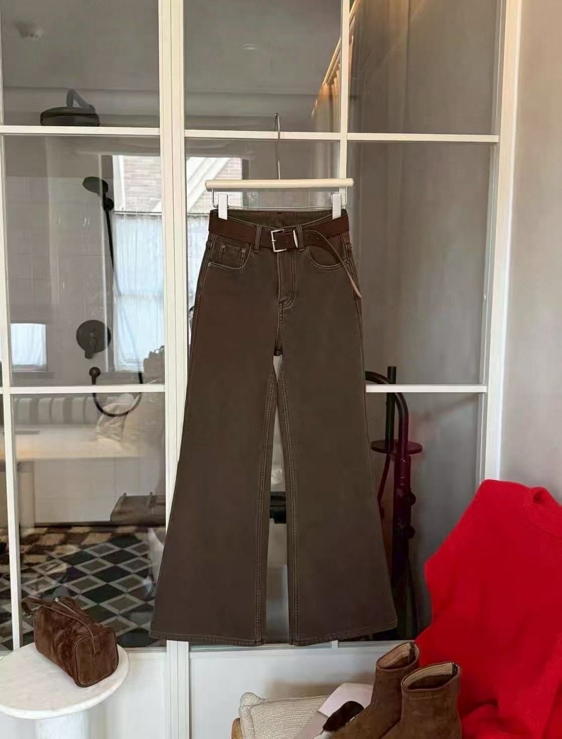 9638 復古微彈小喇叭咖色牛仔褲