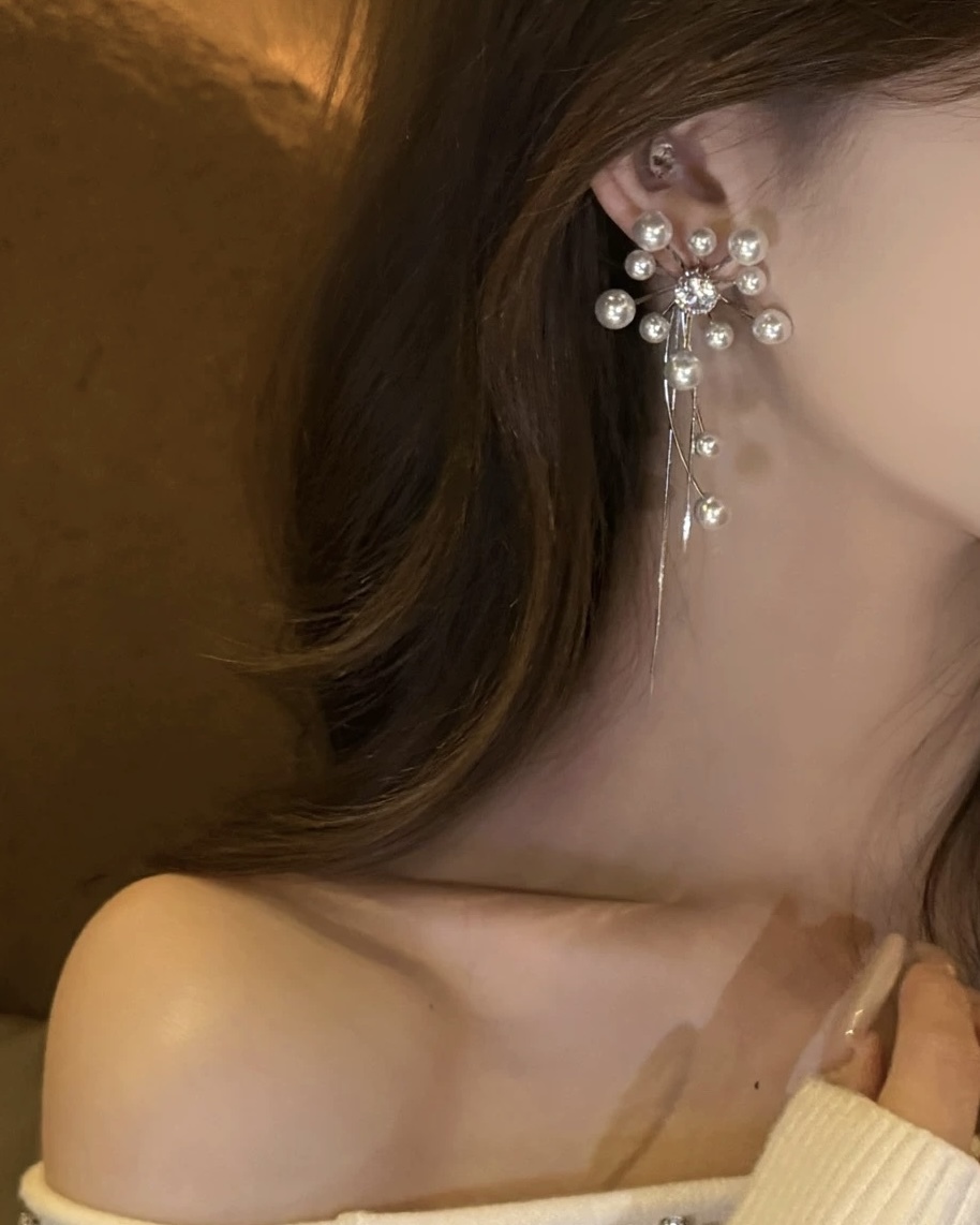珍珠花朵流蘇耳環