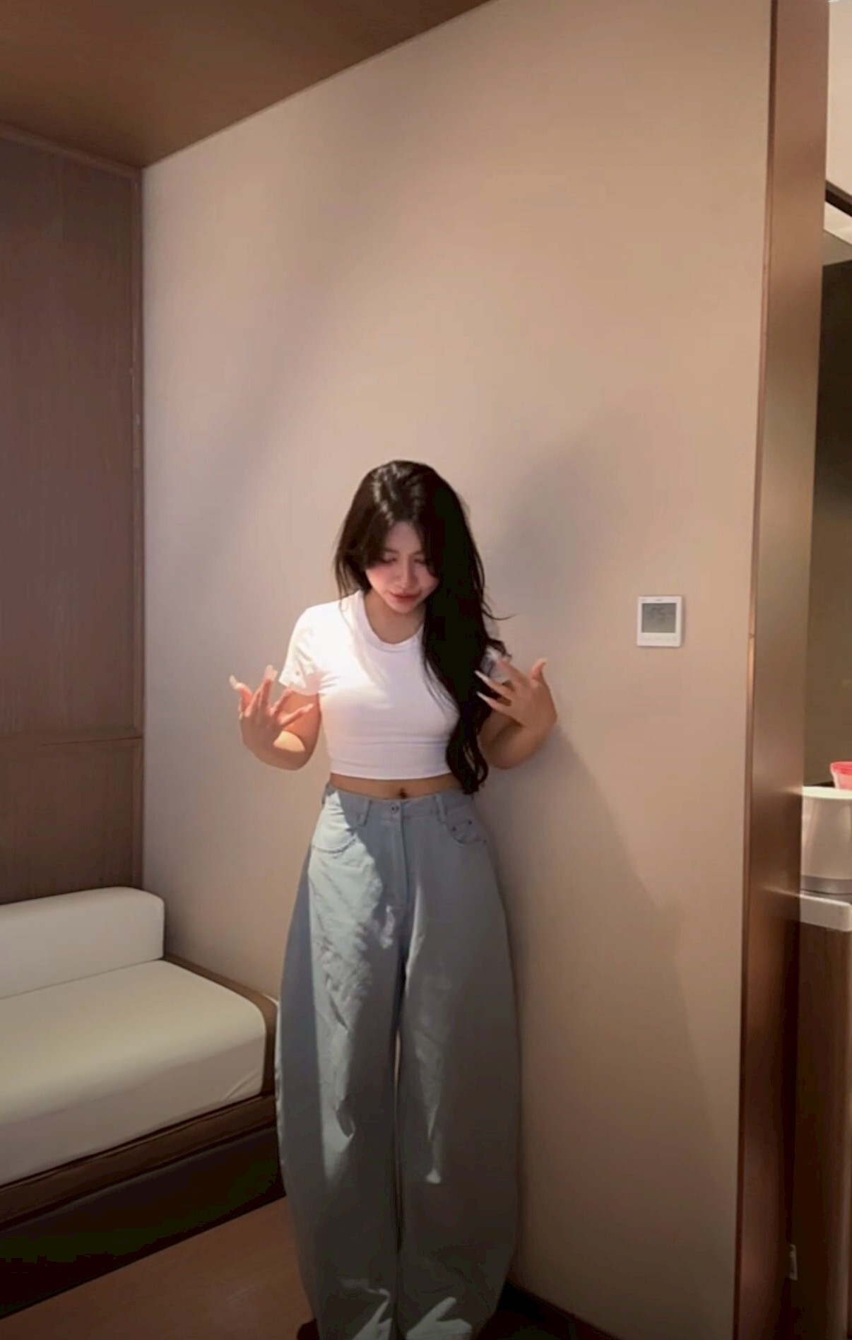 特殊噴墨工藝 灰藍色調落地寬褲（褲型順+顯腿長）