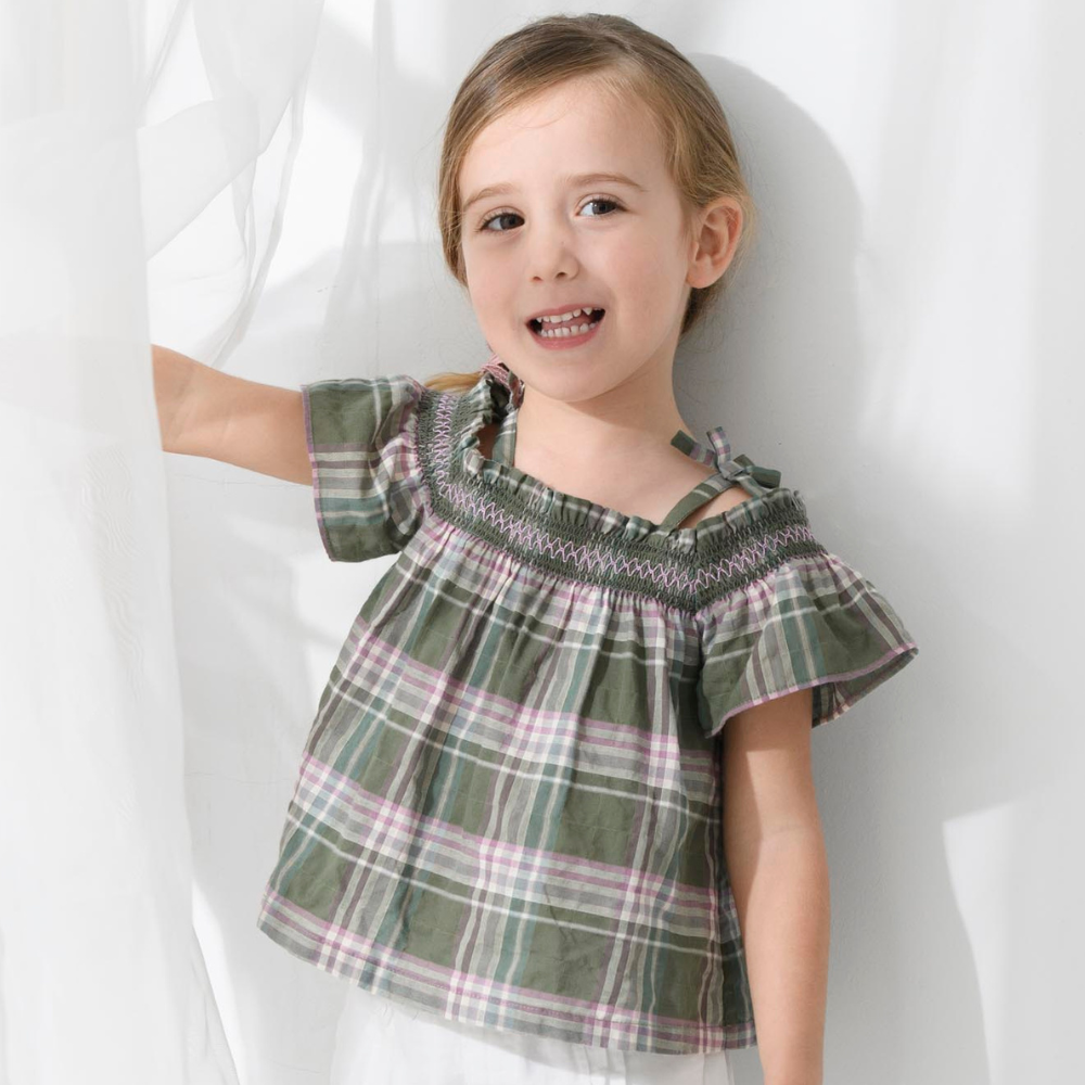 PIPPY 森林系細肩格紋棉質短袖上衣 綠