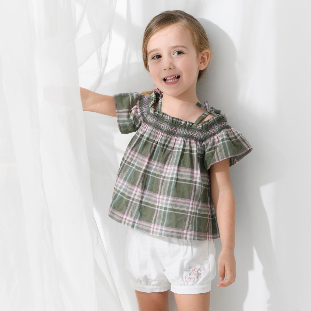 PIPPY 森林系細肩格紋棉質短袖上衣 綠