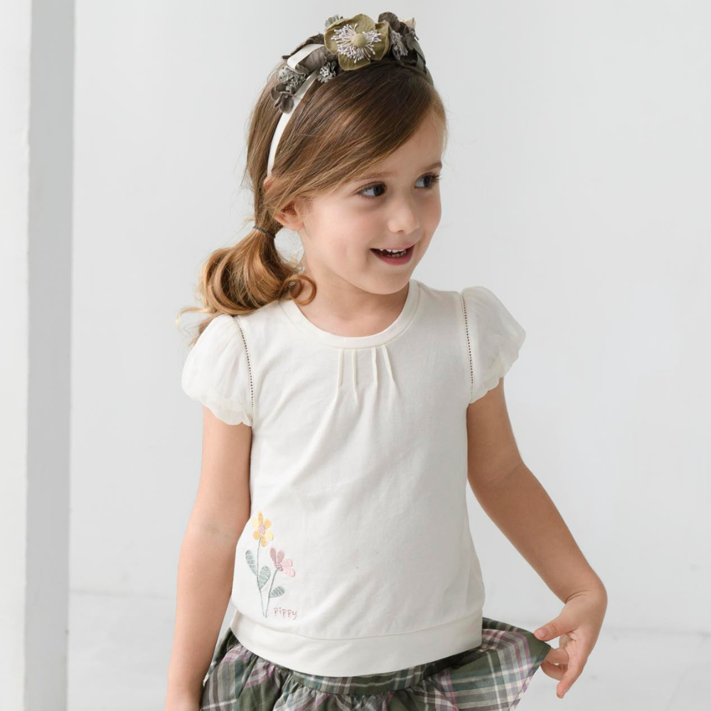 PIPPY小花刺繡彈性棉圓領短澎袖上衣 米