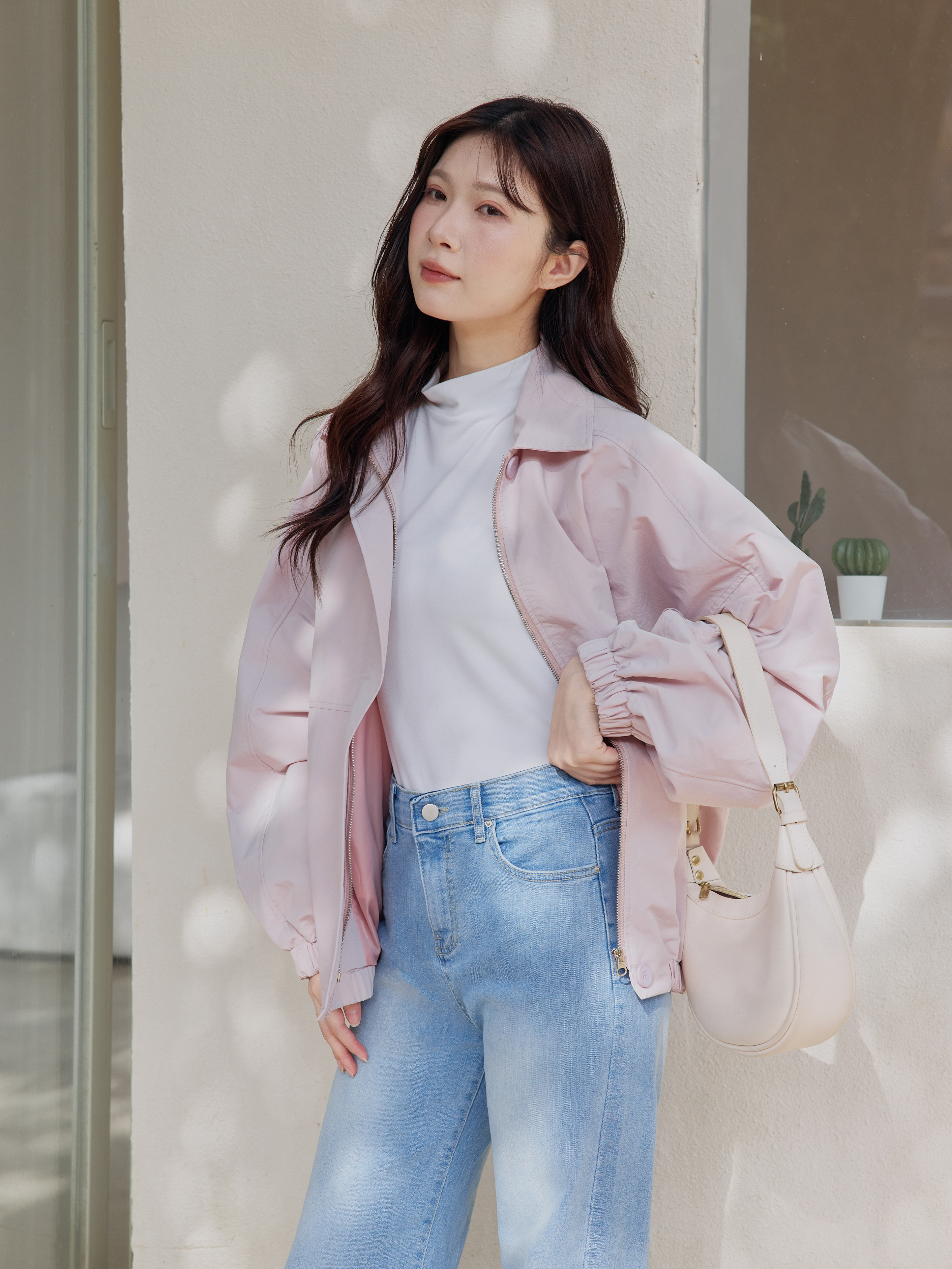 休閒小尖領口袋防風外套