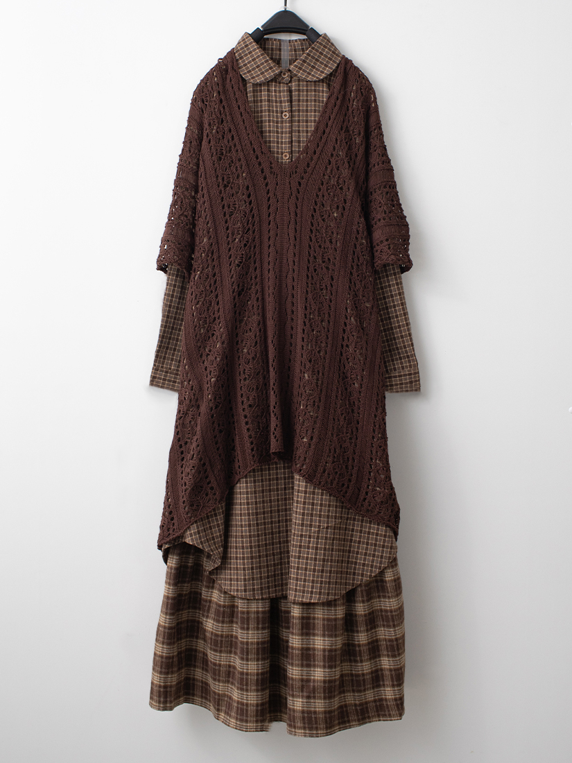 簍空提花罩衫格紋洋裝格紋法蘭絨蛋糕長裙