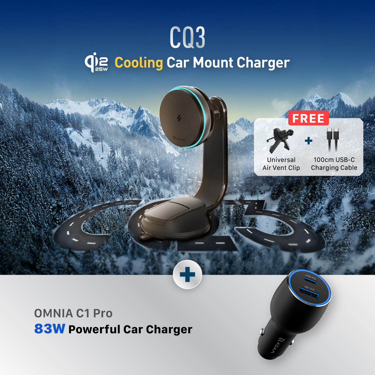 CQ3 Qi2.2 25W Cooling Car Mount Charger + OMNIA C1 Pro 83W Powerful Car Charger