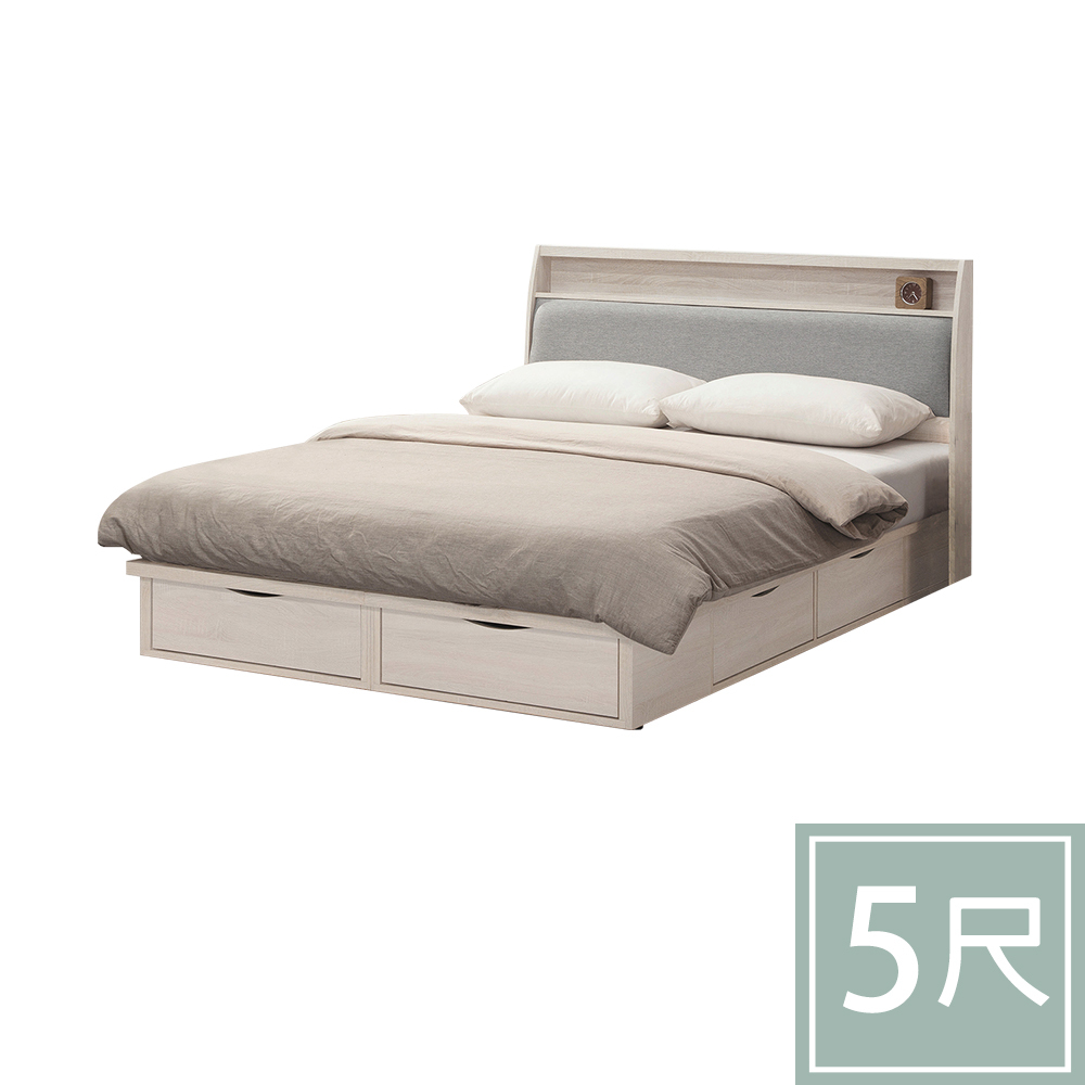 柏蒂家居-諾蘭5尺雙人床組(置物型床頭片+六抽收納床底-不含床墊)
