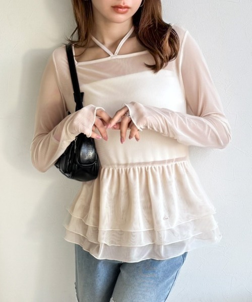 日本🇯🇵連線 Mily Bilet 裙擺荷葉邊波點網狀薄紗上衣 內搭 層次感 荷葉邊 薄紗 多層次 長袖 打底 4色(任買兩件711免運)/預購