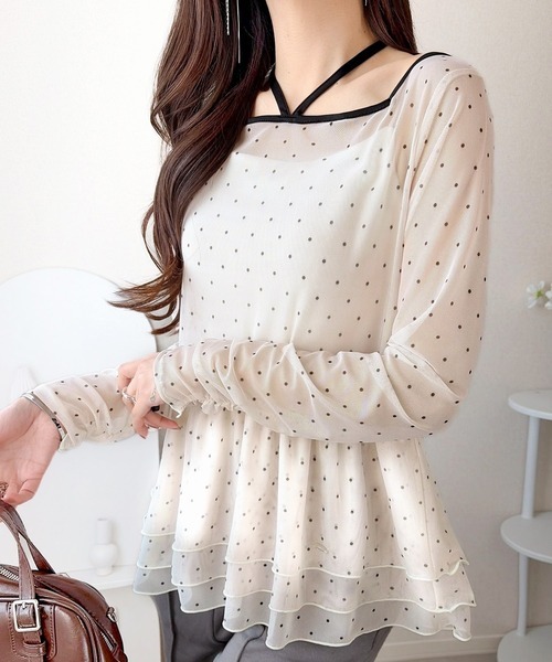 日本🇯🇵連線 Mily Bilet 裙擺荷葉邊波點網狀薄紗上衣 內搭 層次感 荷葉邊 薄紗 多層次 長袖 打底 4色(任買兩件711免運)/預購