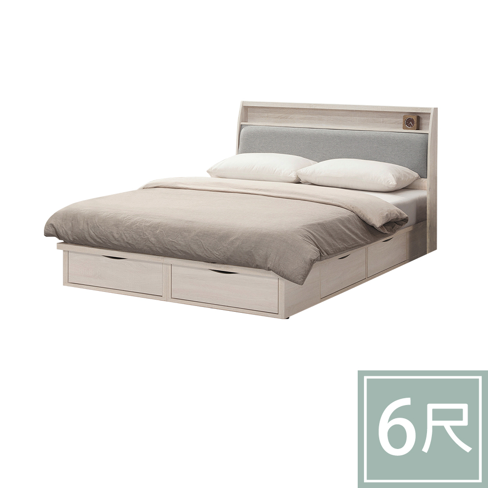 柏蒂家居-諾蘭6尺雙人加大床組(置物型床頭片+六抽收納床底-不含床墊)