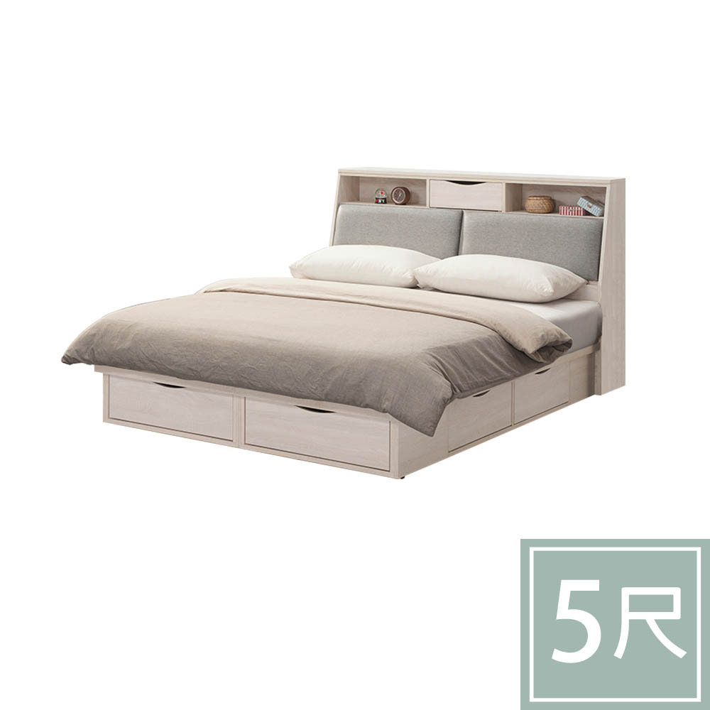 柏蒂家居-諾蘭5尺雙人床組(床頭箱+六抽收納床底-不含床墊)