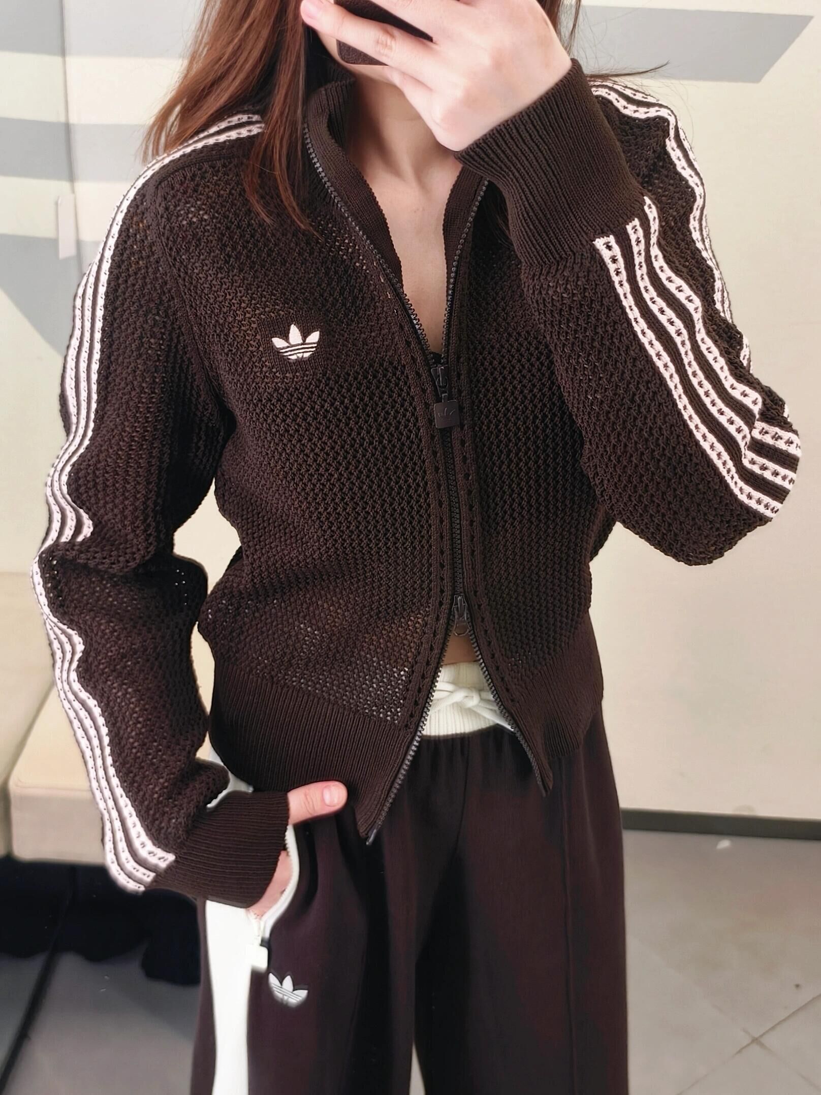 Adidas Originals Firebird Crochet 簍空針織立領外套 合身 雙開拉鍊 咖啡色 米白色 (任買兩件7-11免運)/預購