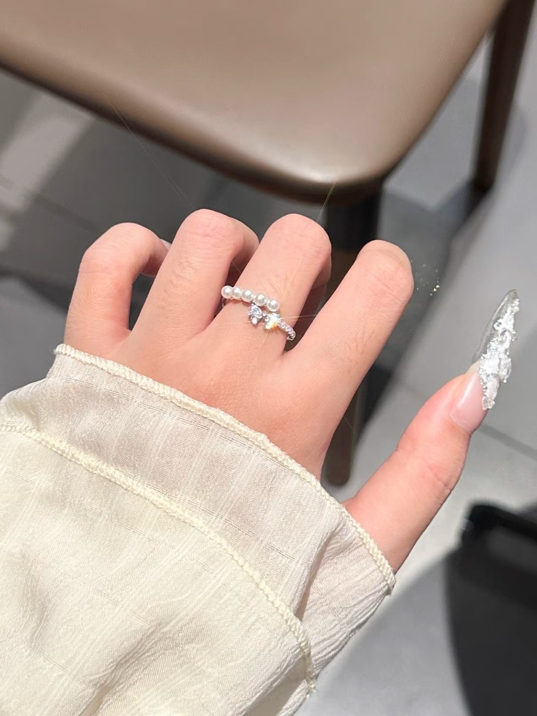 KADER 流光鑽 珍珠蝴蝶結 可調節 戒指