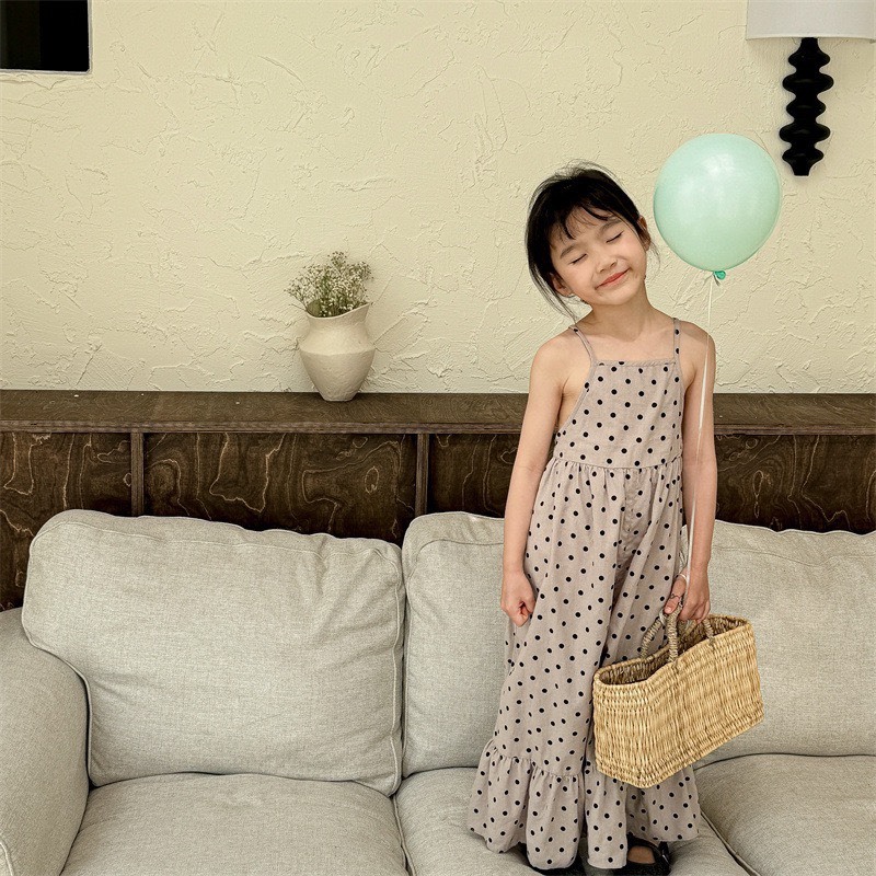 圓點細肩吊帶褲