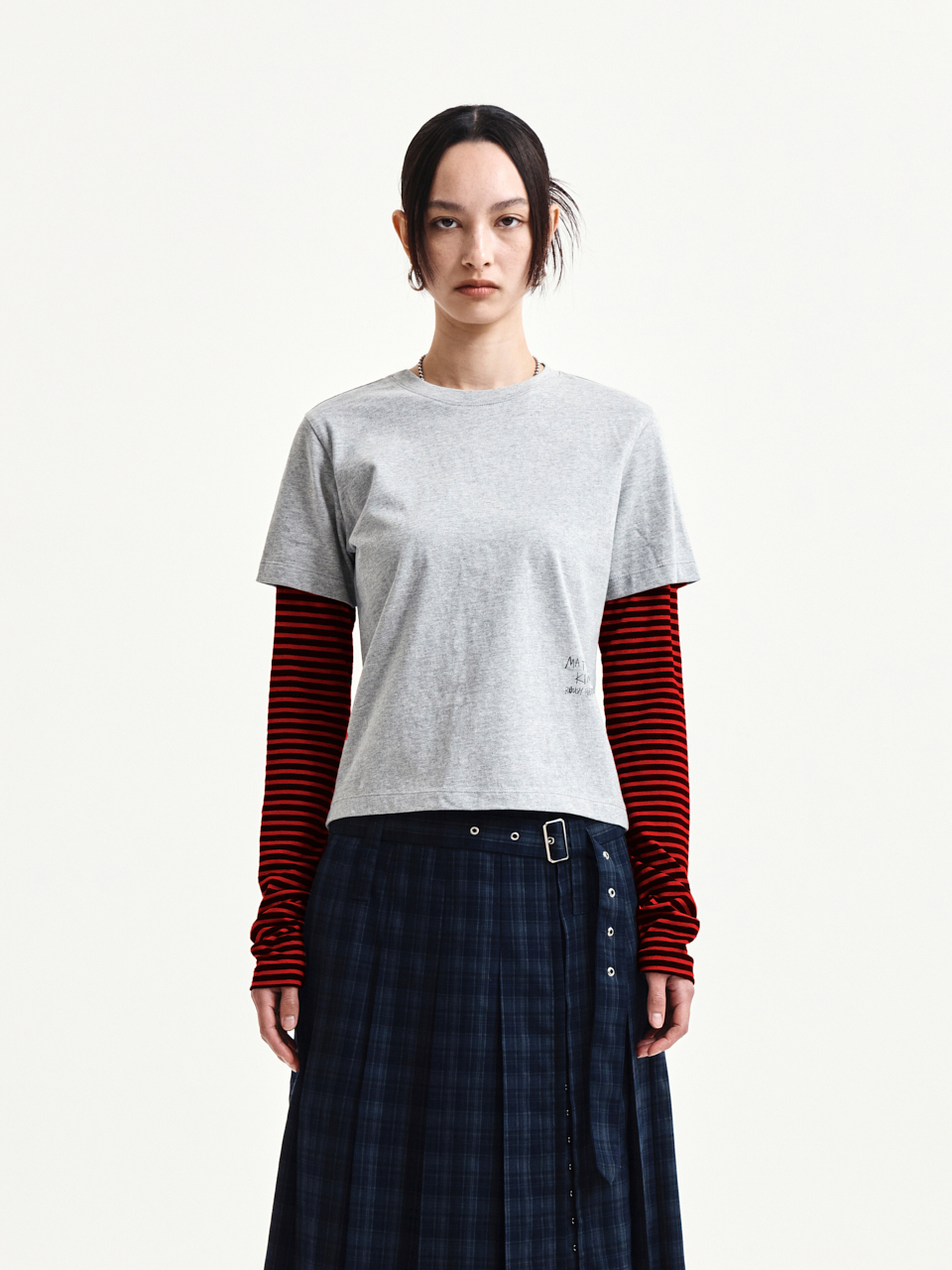 GRAFFITI LOGO STRIPE LAYERED TOP IN GREY