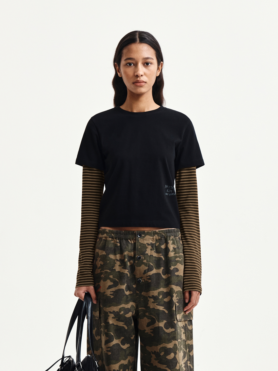 GRAFFITI LOGO STRIPE LAYERED TOP IN BLACK