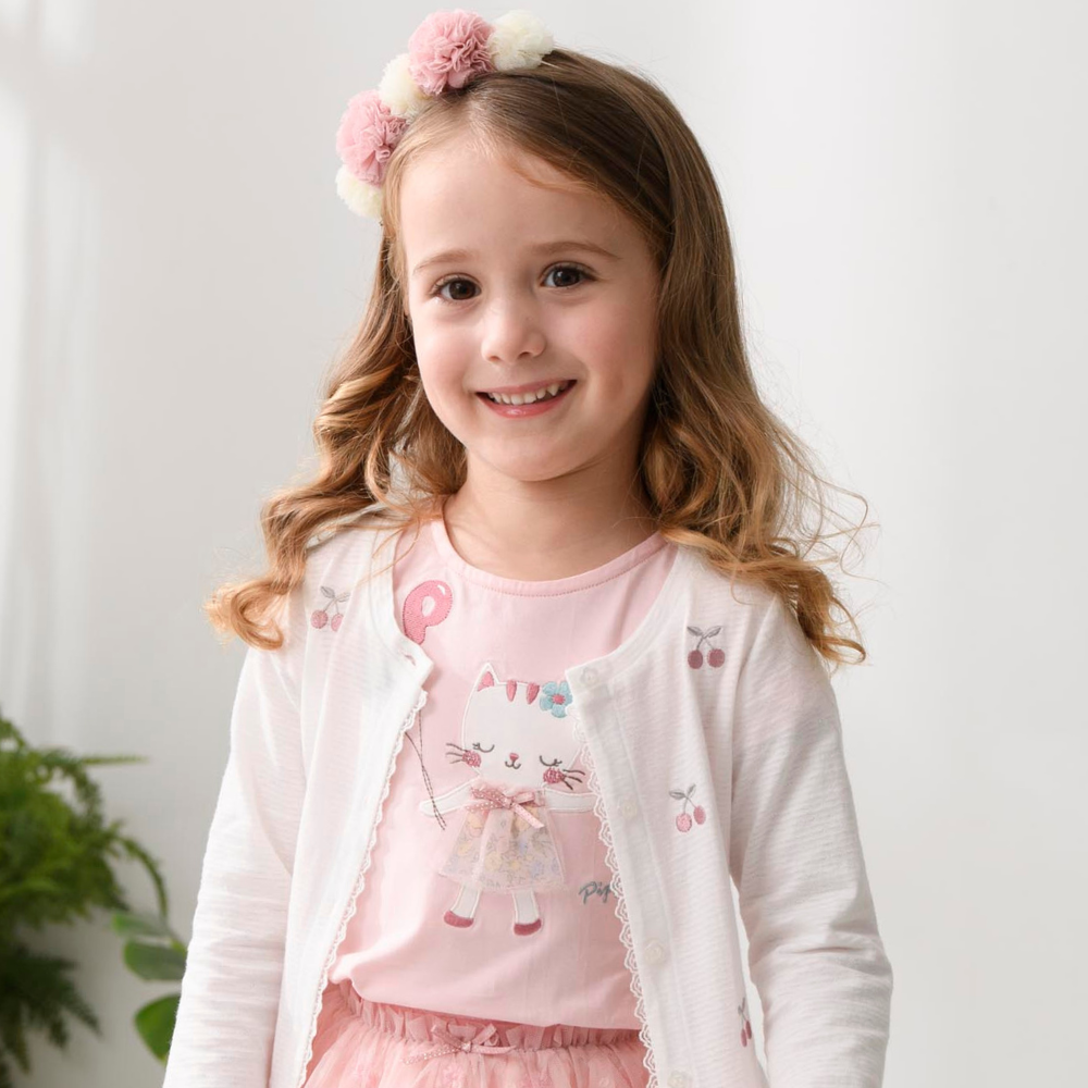 PIPPY 甜美貓咪刺繡彈性棉圓領短袖上衣 粉紅