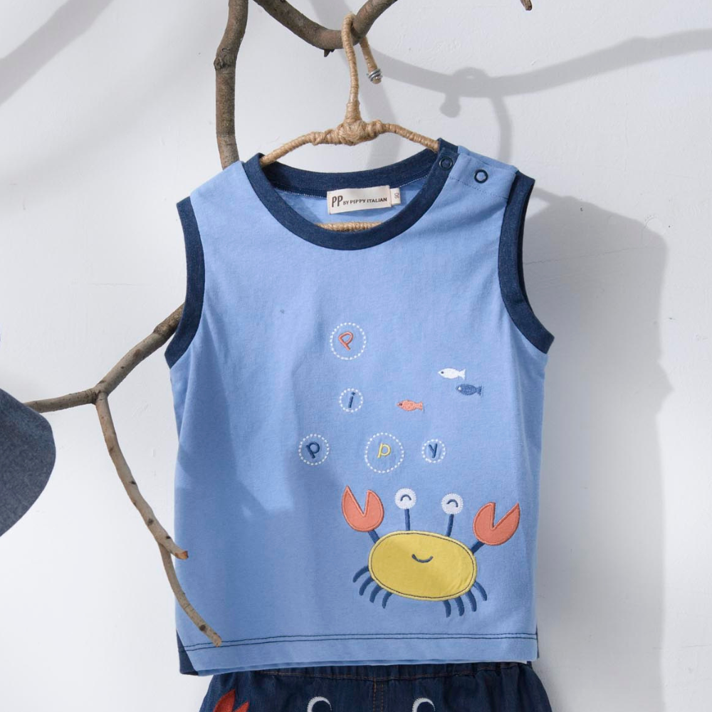 PIPPY 快樂螃蟹彈性棉無袖背心 藍