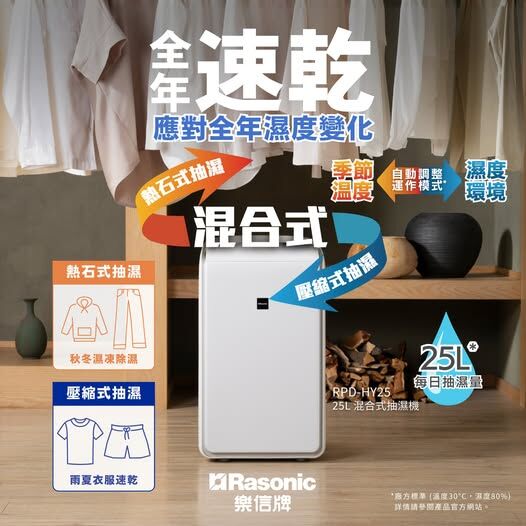 💥New💥 樂信 Rasonic   RPD-HY25‧25公升/日‧混合式抽濕機‧香港行貨,原廠1年保養‧