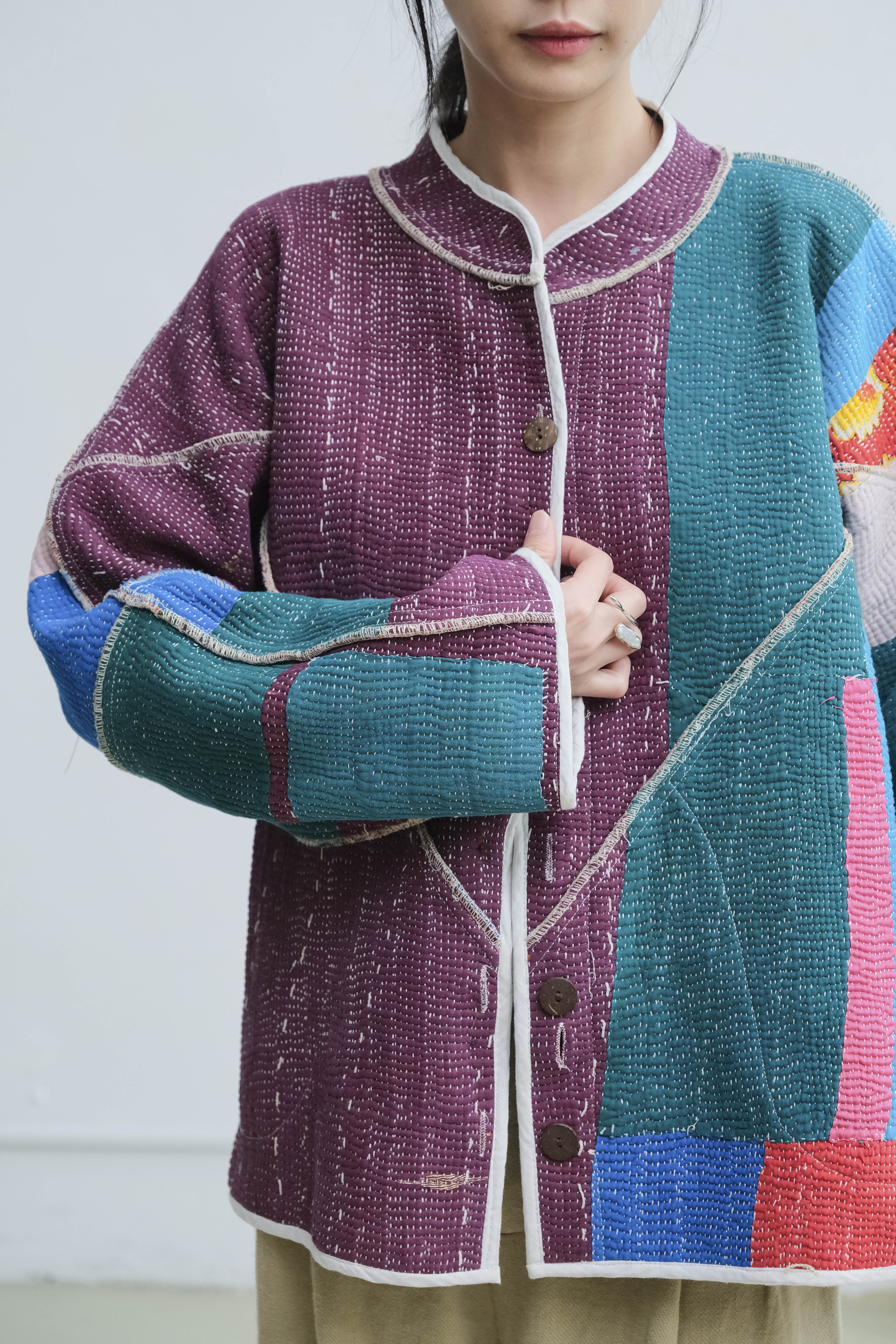 古董坎塔雙面立領短大衣 / 簡約條紋