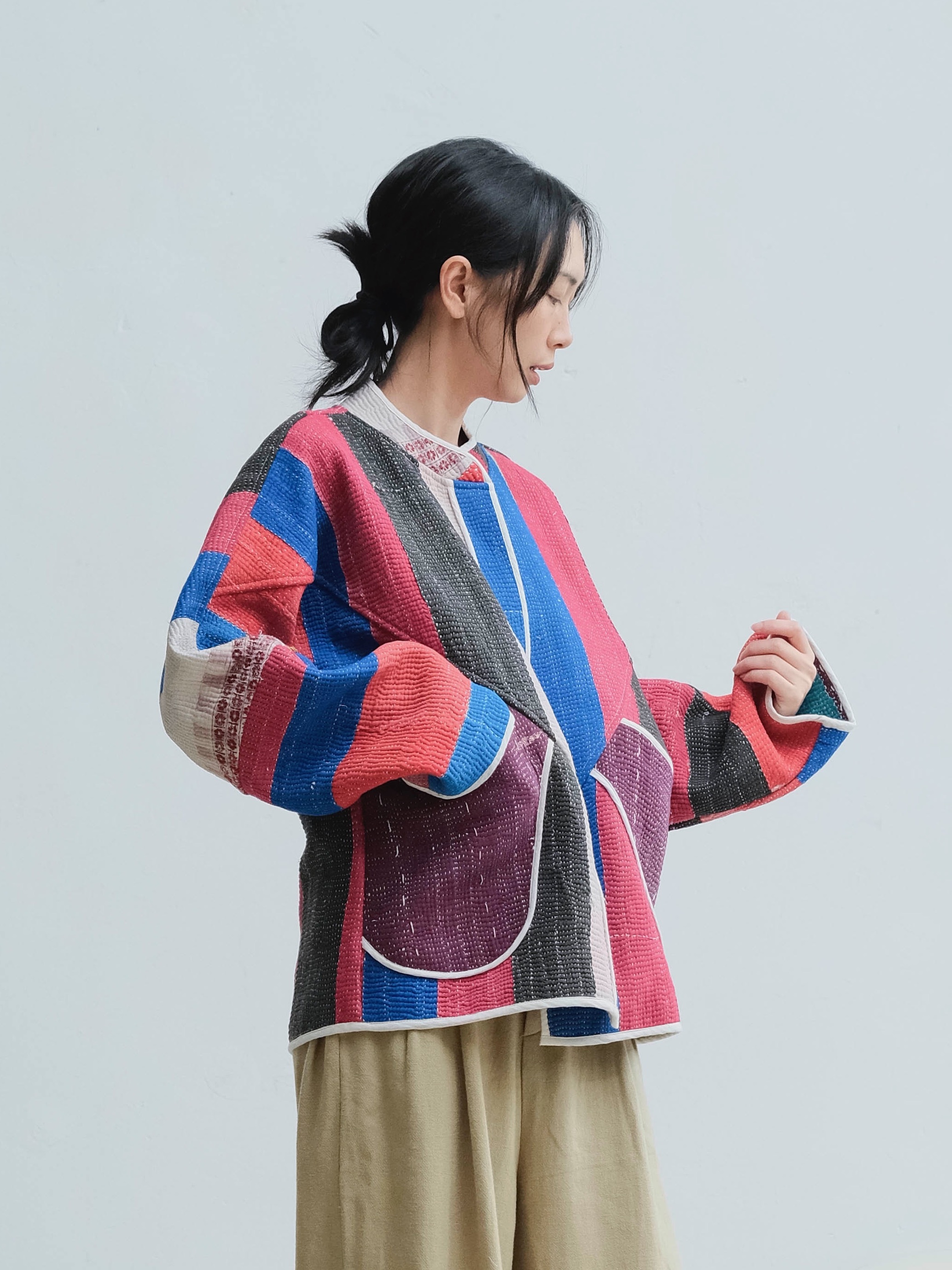 古董坎塔雙面立領短大衣 / 簡約條紋