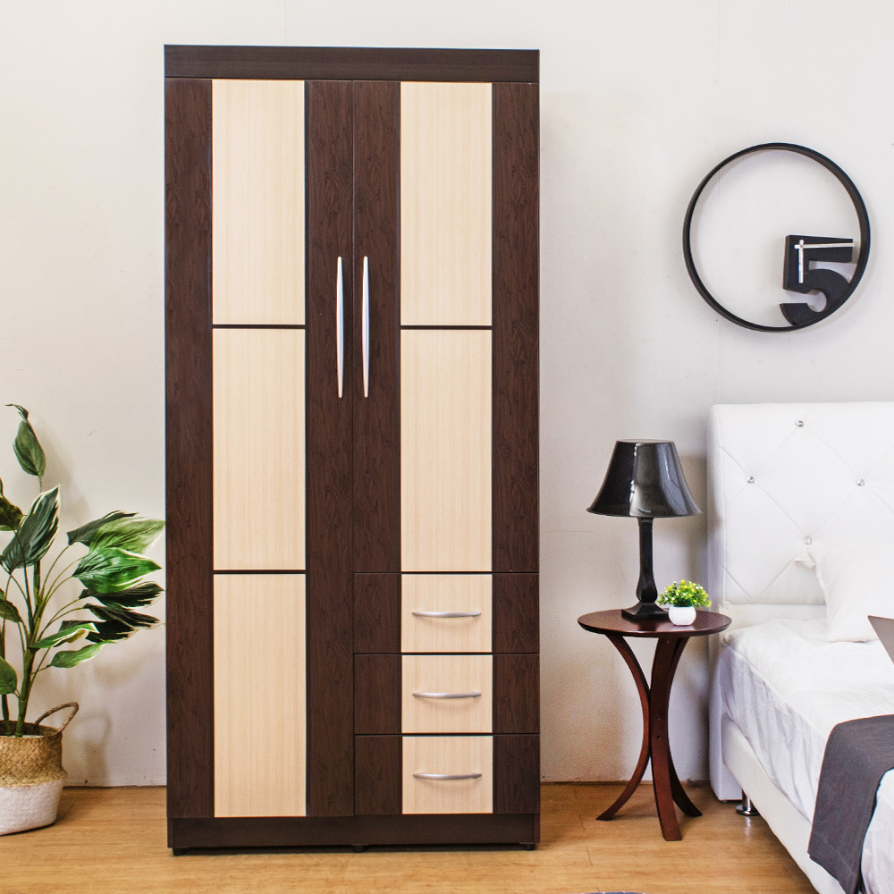 南亞塑鋼-3尺二門三抽方塊直飾條塑鋼衣櫃