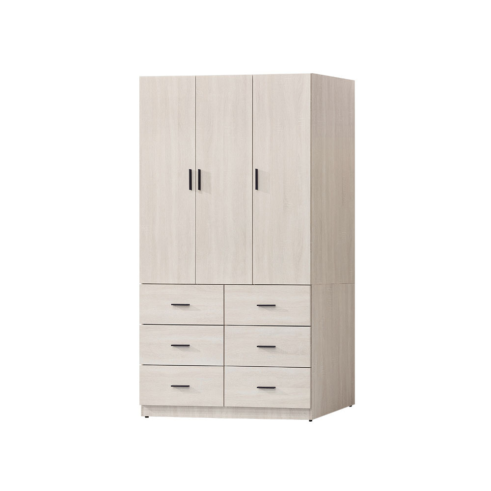 柏蒂家居-諾蘭4尺三門六抽衣櫃/衣櫥