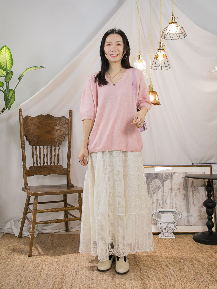 橡根腰．LACE網布 半截裙 (有厘布)