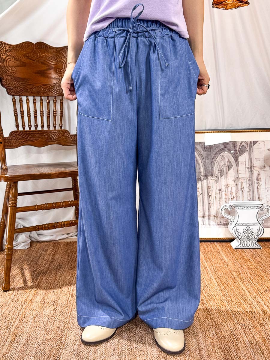 橡根腰束繩．拼色車線．滑滑料直腳褲 (有袋)