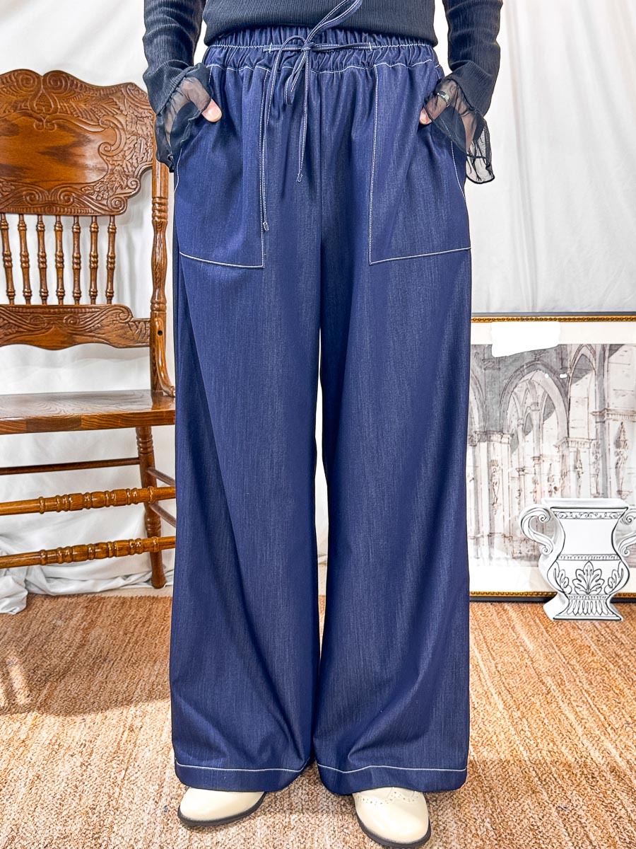 橡根腰束繩．拼色車線．滑滑料直腳褲 (有袋)