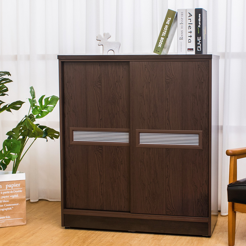 南亞塑鋼-3尺雙拉門線條紋橫飾條塑鋼鞋櫃