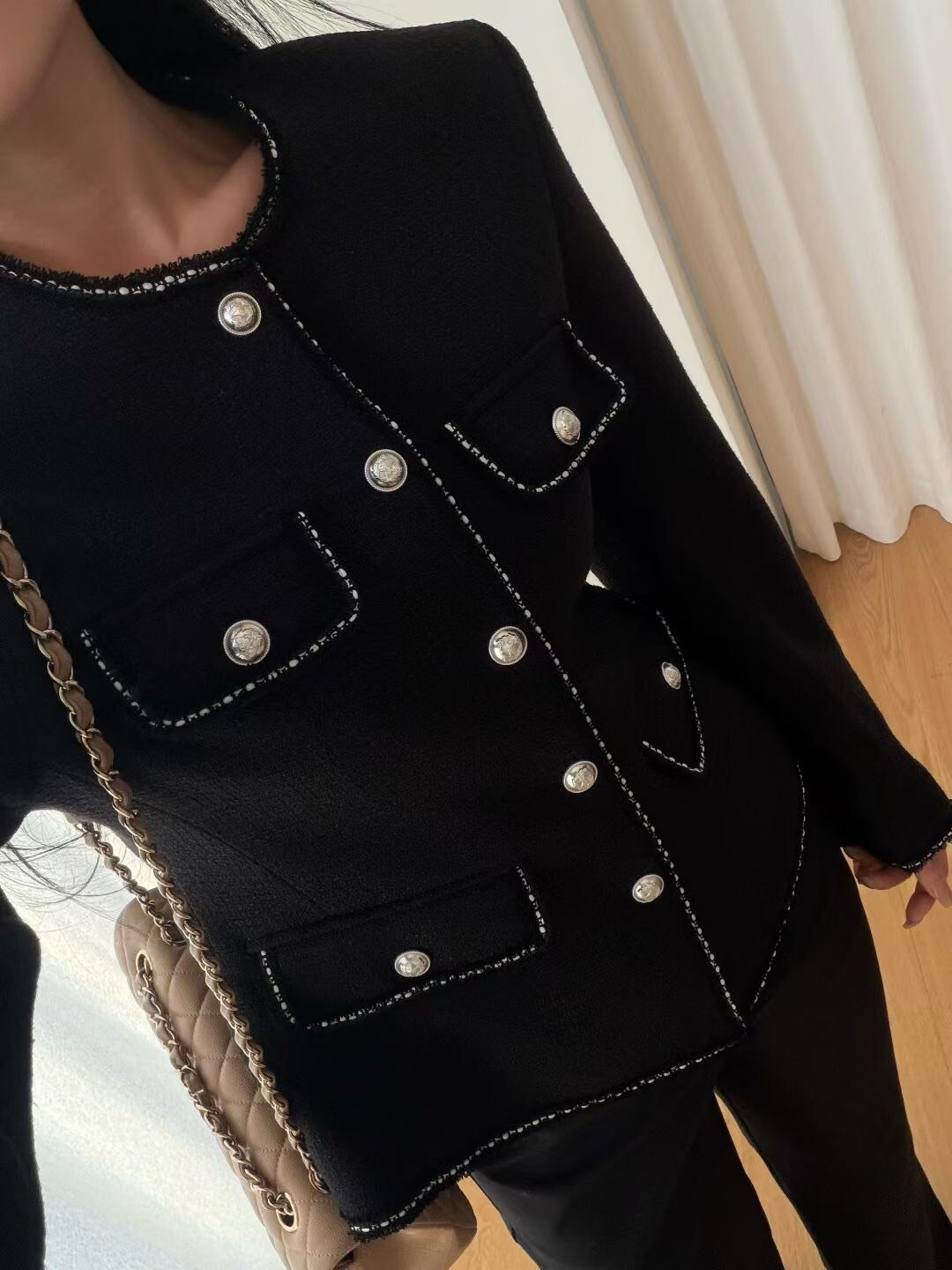 溫柔感編織滾邊圓領珍珠排釦小香外套 / 2色