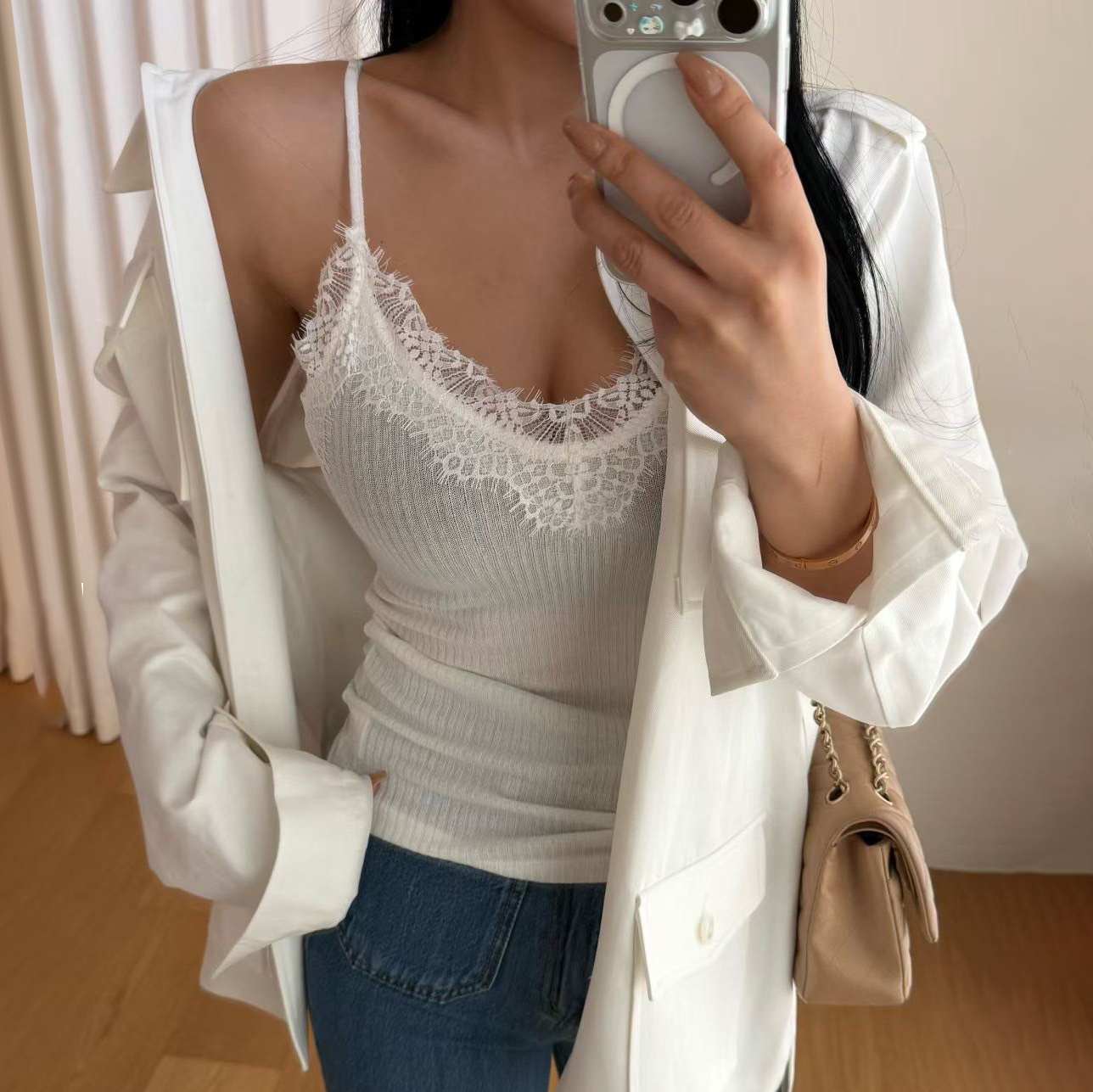 配色蕾絲滾邊細肩帶螺紋背心上衣 / 3色