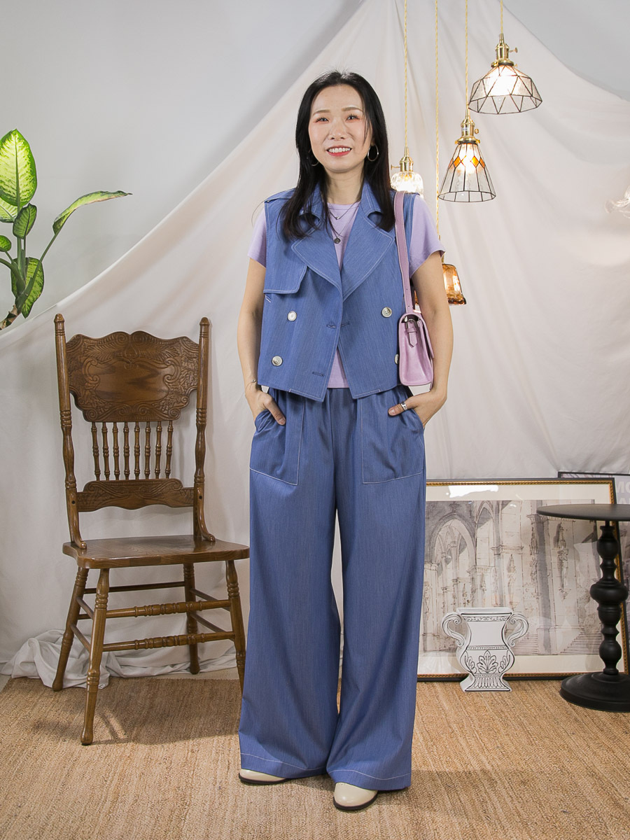 全開胸扣鈕．拼色車線．滑滑料背心外套 (有厘布)【滿$300贈送小禮物】