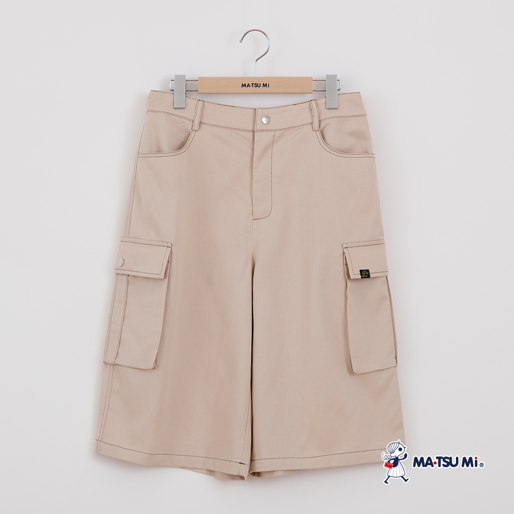 MA‧TSU Mi 收腰大口袋工裝風闊腿中長版短褲(卡.黑)