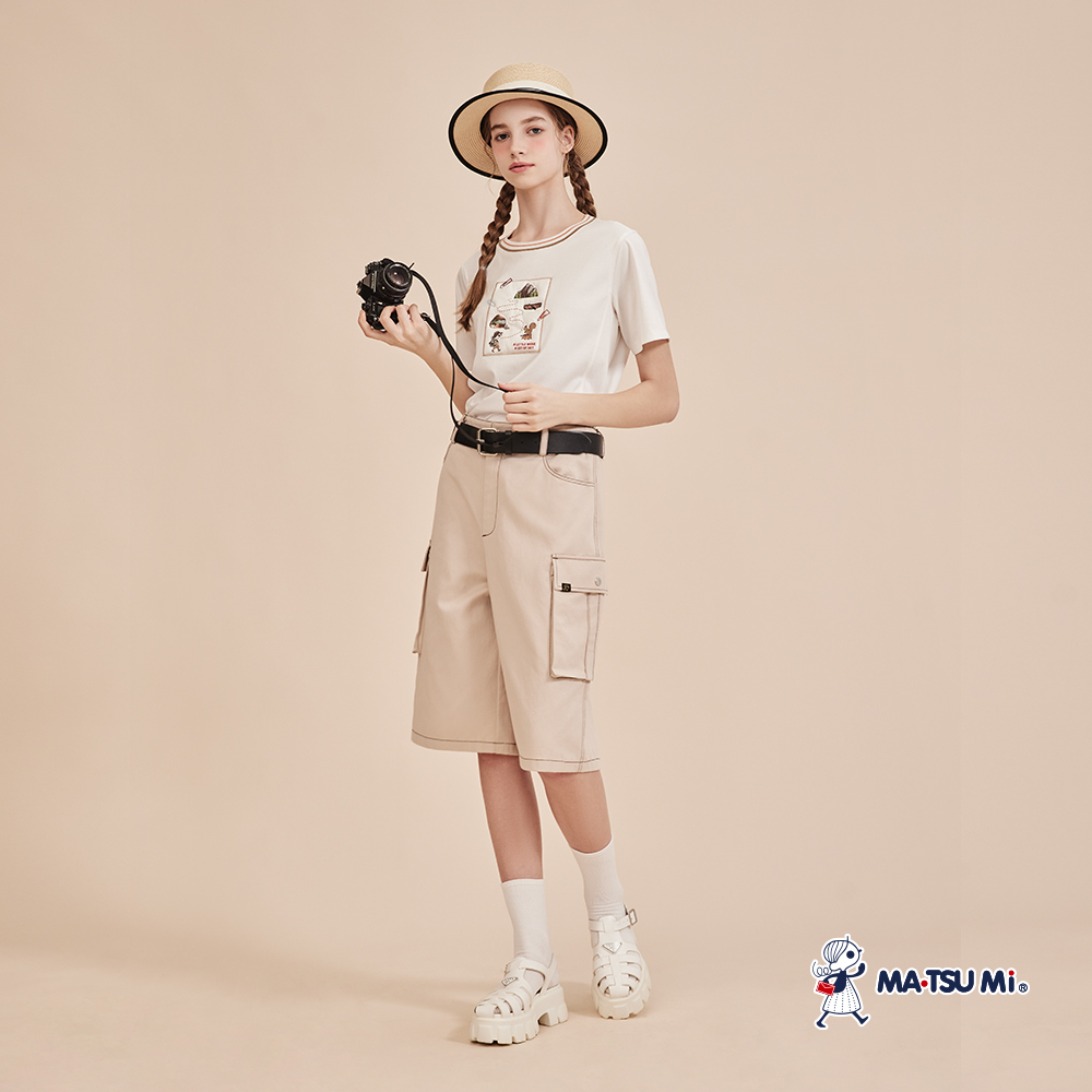 MA‧TSU Mi 收腰大口袋工裝風闊腿中長版短褲(卡.黑)