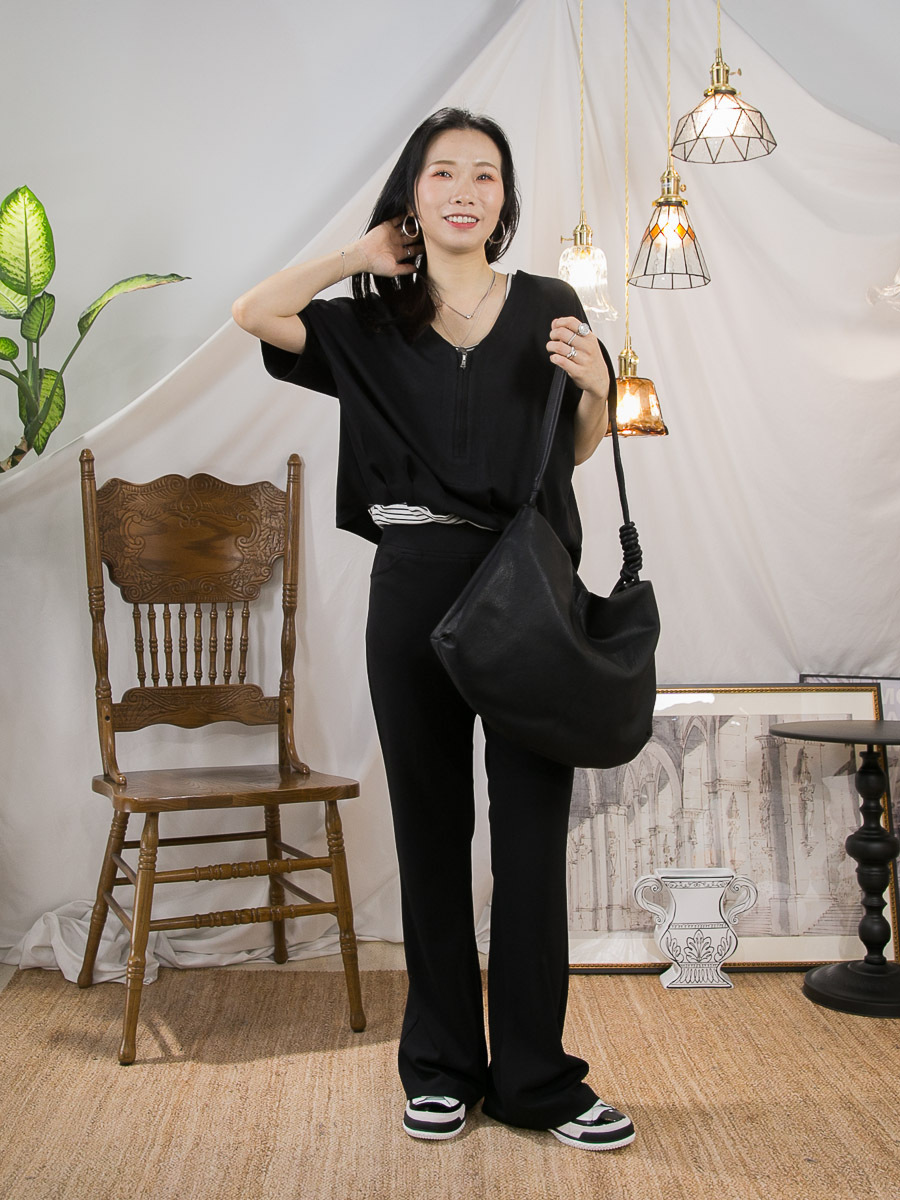 領位拉鏈．內橫間COTTON料背心．雙面料假兩件TOP