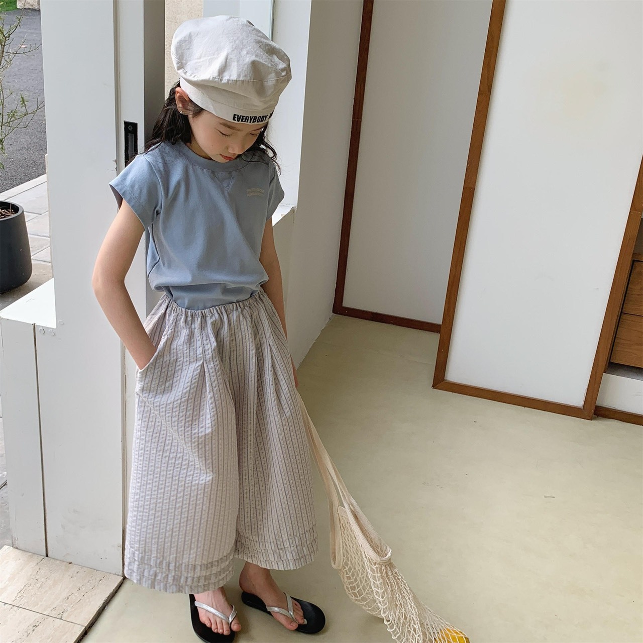 棉麻條紋九分褲